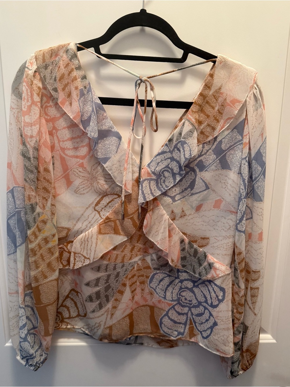White House Black Market Sheer Floral Ruffle Tie-Back Blouse - Peach, Blue, Tan